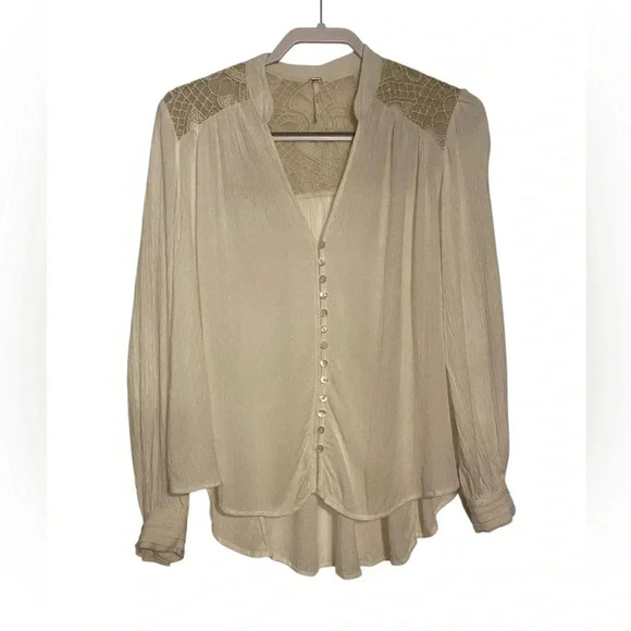 Free People Tops - Free People Cream V-Neck Puff Sleeve Blouse with gold detail
